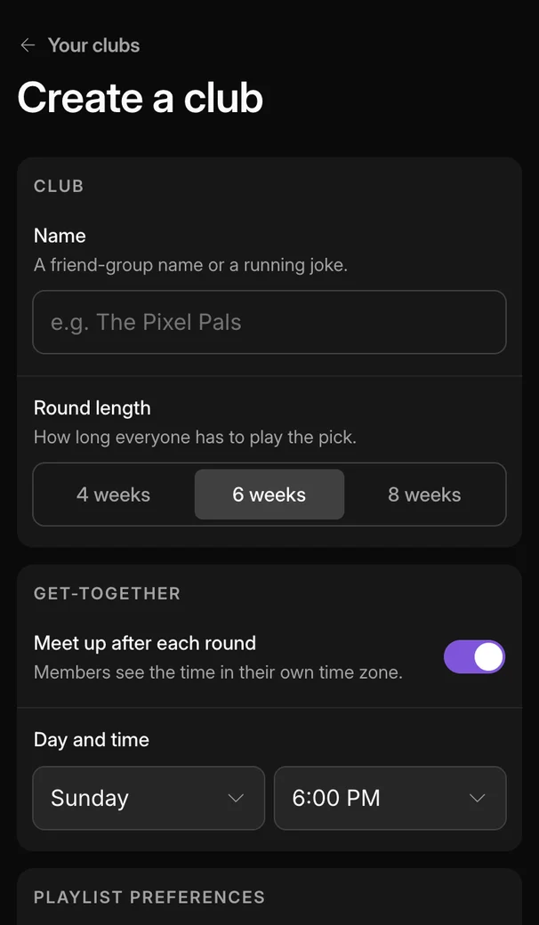 The Create a club form: club name, round length, get-together schedule, and playlist rules.